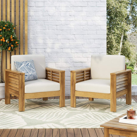 ( Set of 2) Outdoor Acacia Wood Club Chairs with Cushions, Teak+Beige, 27.75"D x 32"W x 27.75"H - V.I.P Digital Presence