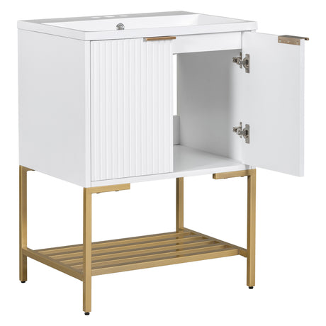 24" Bathroom Vanity with Sink, Bathroom Vanity Cabinet with Two Doors and Gold Metal Frame, Open Storage Shelf, White - V.I.P Digital Presence