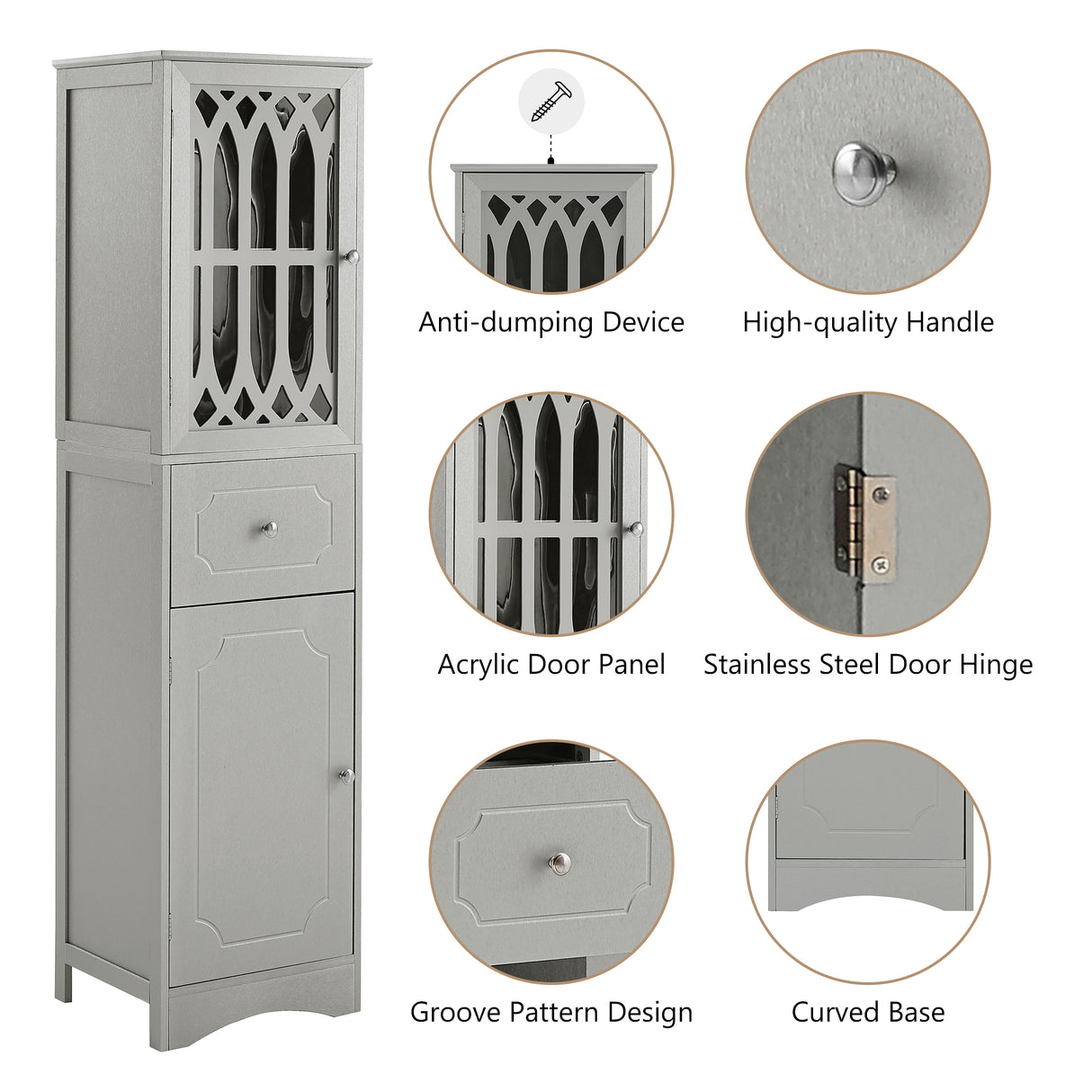 Tall Bathroom Cabinet, Freestanding Storage Cabinet with Drawer and Doors, MDF Board, Acrylic Door, Adjustable Shelf, Grey - V.I.P Digital Presence