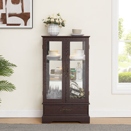 Light colored glass cabinet with adjustable glass frame Curio display cabinet, 2 doors and 1 drawer light bulb cherry color - V.I.P Digital Presence