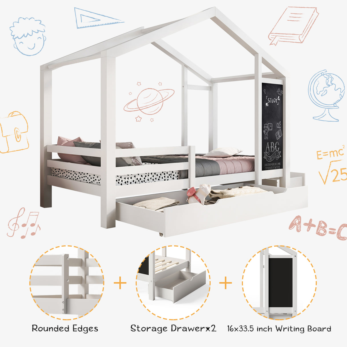 Full House Bed with Blackboard and Drawers Two assembly options White - V.I.P Digital Presence