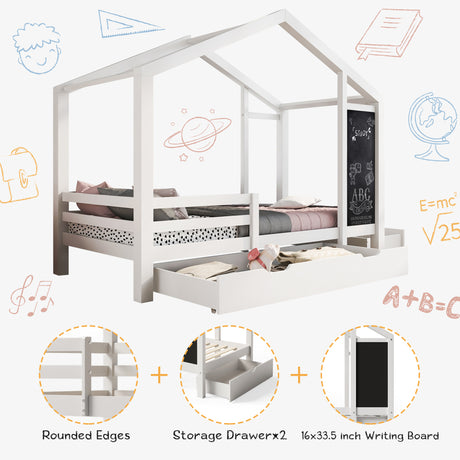 Full House Bed with Blackboard and Drawers Two assembly options White - V.I.P Digital Presence