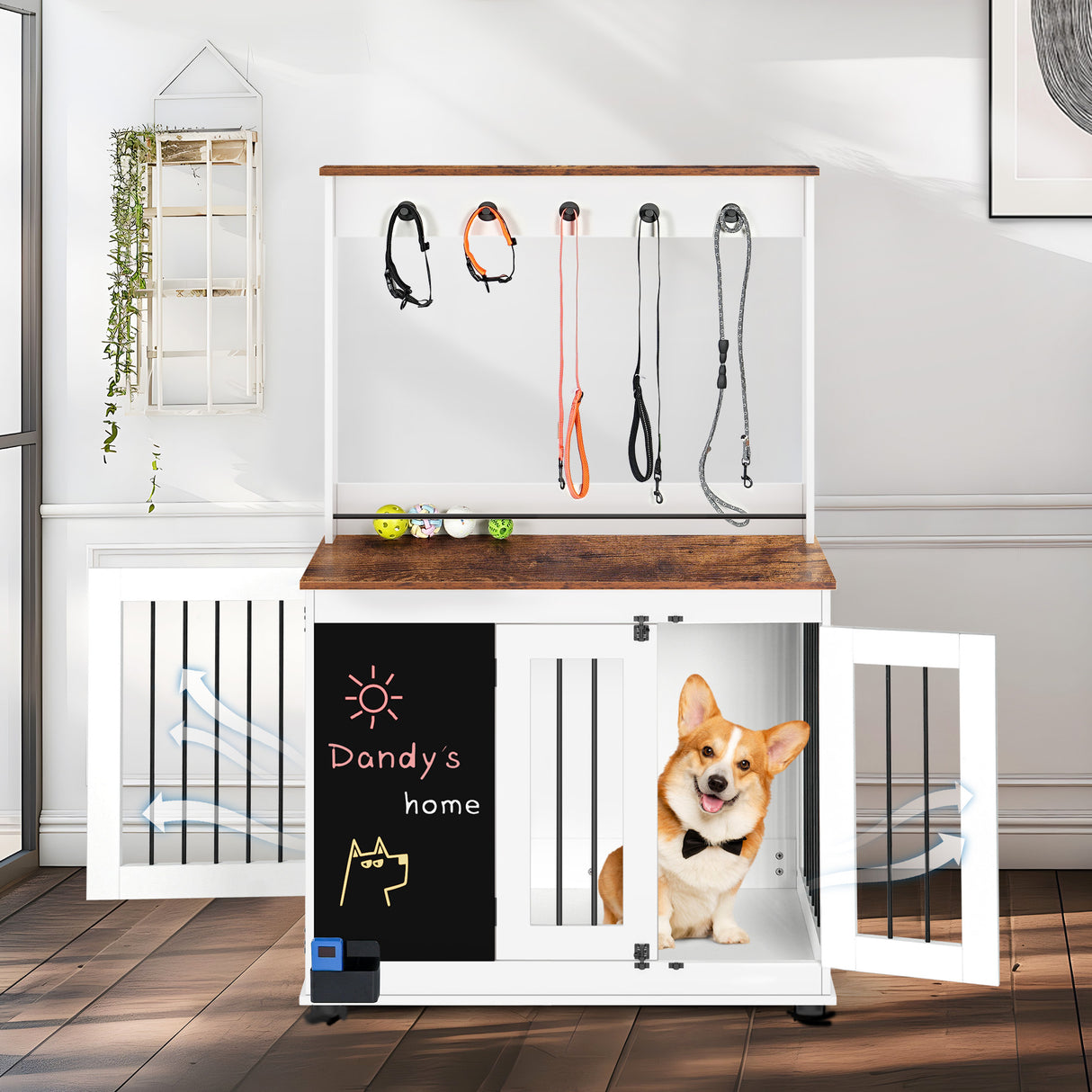 Dog crate,Graffiti dog cage, kennel with double doors, crate interior furniture, heavy wooden dog cage, large dog, white - V.I.P Digital Presence