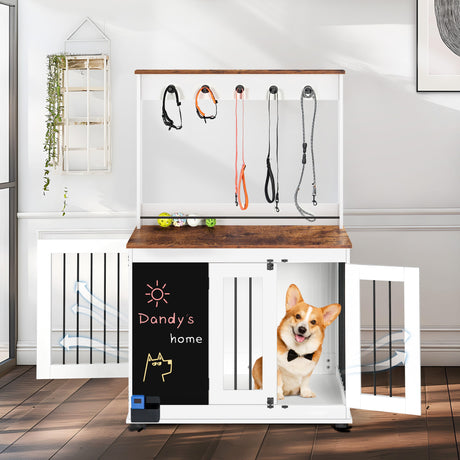 Dog crate,Graffiti dog cage, kennel with double doors, crate interior furniture, heavy wooden dog cage, large dog, white - V.I.P Digital Presence