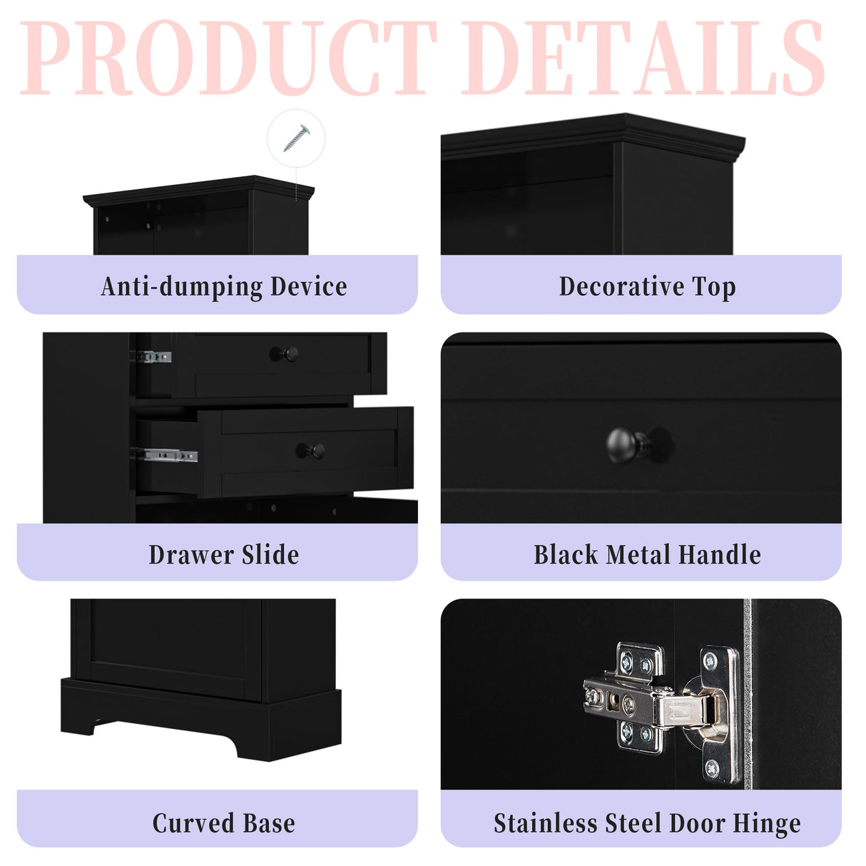 Black high storage cabinet with 3 drawers and adjustable shelves, MDF board painted - V.I.P Digital Presence