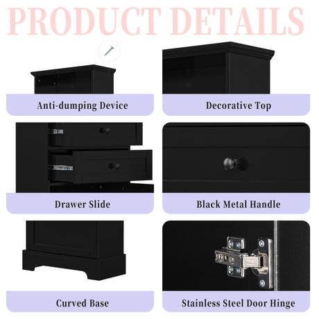 Black high storage cabinet with 3 drawers and adjustable shelves, MDF board painted - V.I.P Digital Presence
