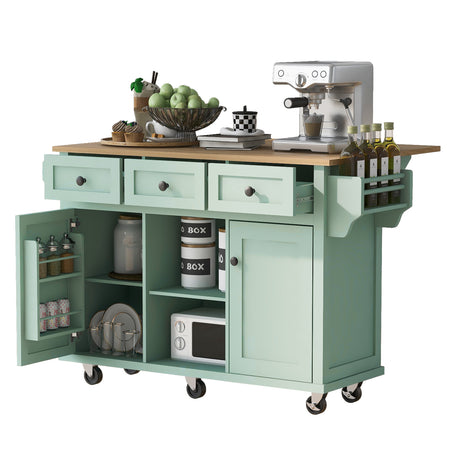 Kitchen trolley, cabinet door internal storage rack with storage cabinet and 3 dining room drawers, mint green - V.I.P Digital Presence