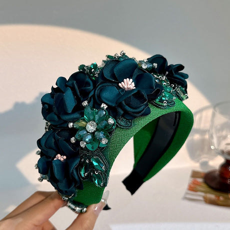 Solid color fabric flower oversized wide edged crystal headband - V.I.P Digital Presence
