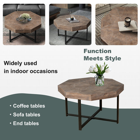 Wooden octagonal retro patchwork craft 30 inch wooden tabletop cross metal leg coffee table (antique brown) - V.I.P Digital Presence