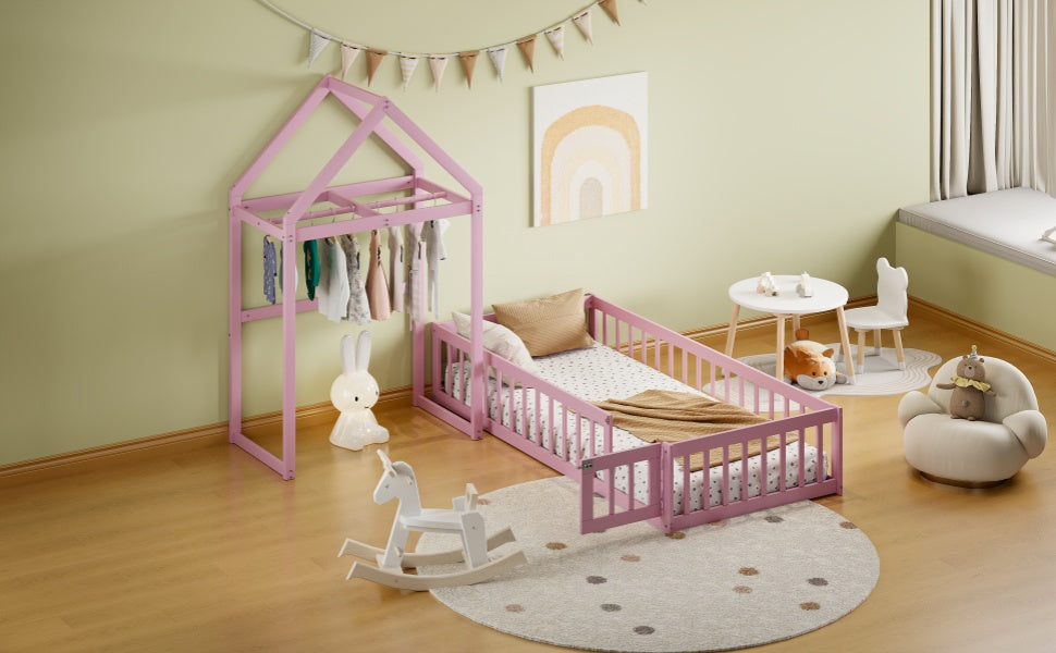 Wooden Twin Size Children's Bed with Detachable Headboard and Integrated Clothes Drying Rack, Pink - V.I.P Digital Presence