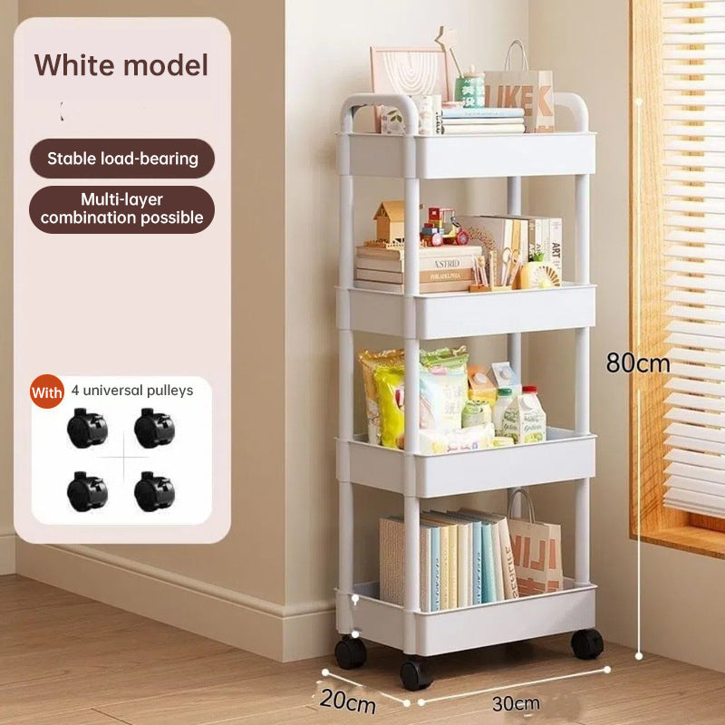 White rolling storage cart. Multifunctional, open shelves for books, ideal for kitchen & bedroom storage - V.I.P Digital Presence