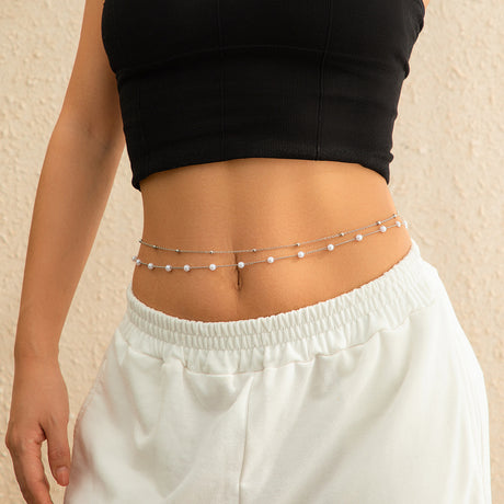 Double layered waist chain, geometric sequins, waist chain, beach party, imitation pearl body chain, fashionable - V.I.P Digital Presence