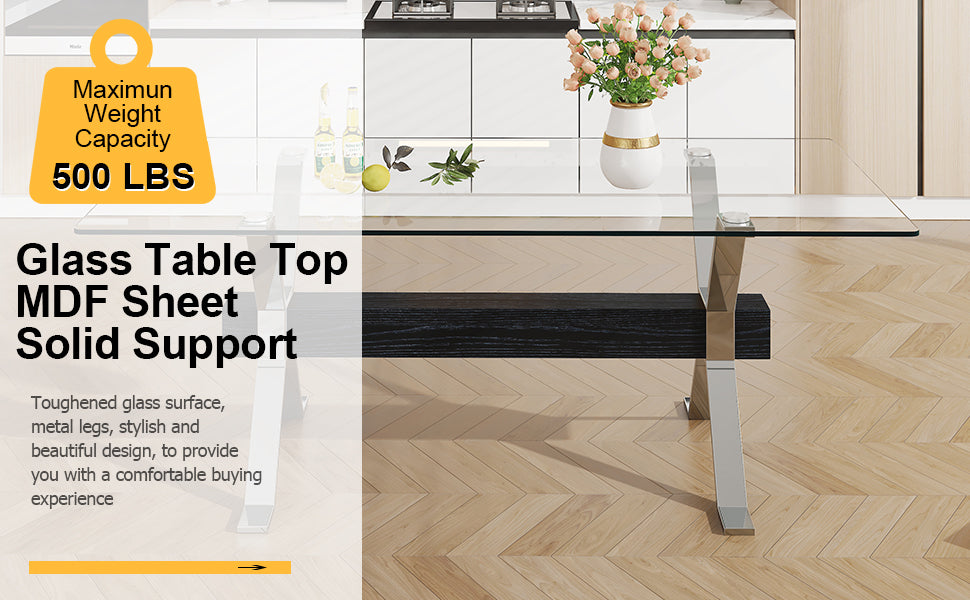 Dining table Modern tempered glass dining table Large modern office desk with silver plated metal legs and MDF crossbars - V.I.P Digital Presence