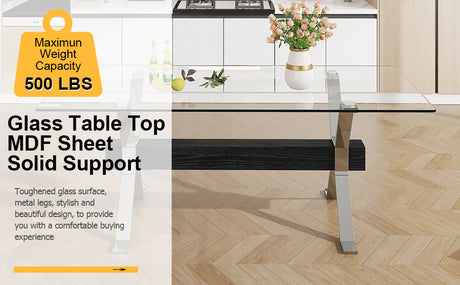 Dining table Modern tempered glass dining table Large modern office desk with silver plated metal legs and MDF crossbars - V.I.P Digital Presence