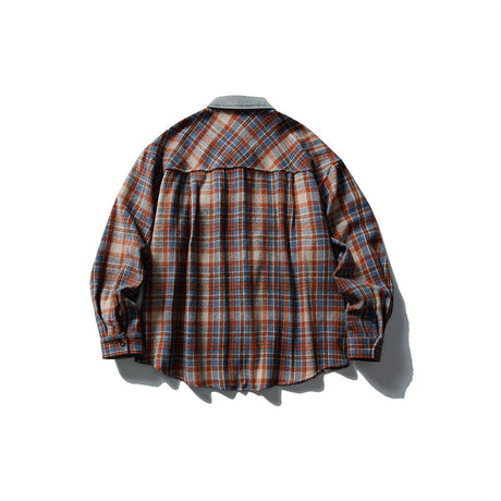 Color blocked denim patchwork brushed plaid shirt for men and women - V.I.P Digital Presence