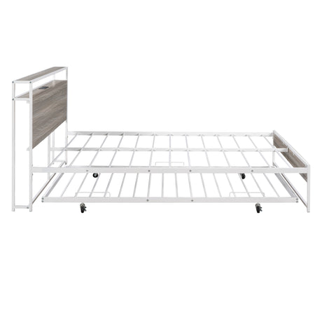 Queen Size Metal Platform Bed Frame with Trundle, USB Ports and Slat Support ,No Box Spring Needed White - V.I.P Digital Presence