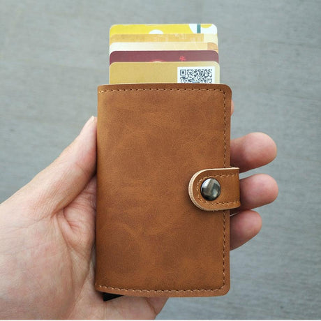 RFID Protected Vintage Automatic Leather Credit Card Holder Men Aluminum Alloy Hasp Business ID Multifunction Cardholder Wallet - V.I.P Digital Presence