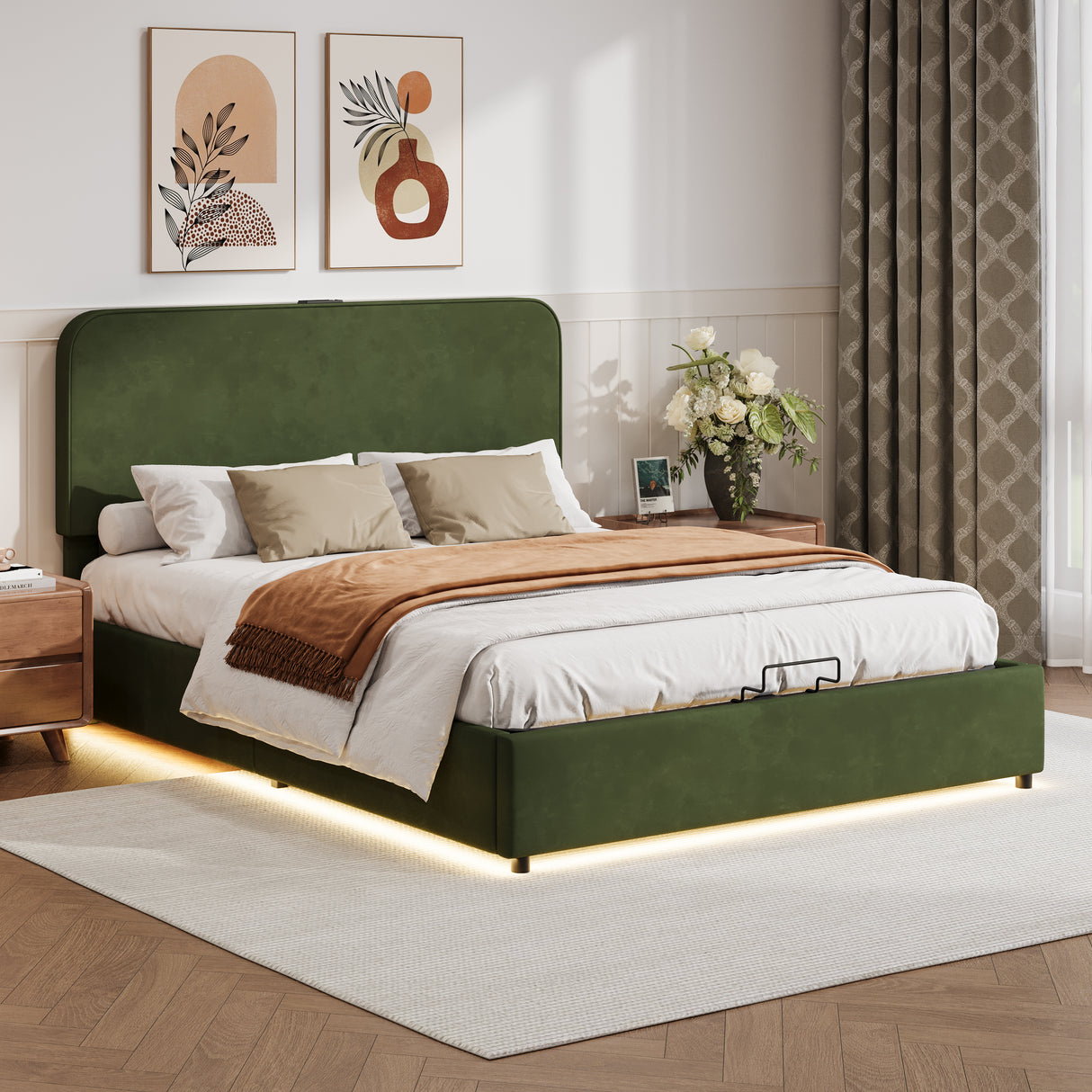 Large hydraulic storage bed with soft cushion lifting storage bed with RGB LED lights, Bluetooth speaker lychee velvet, green - V.I.P Digital Presence