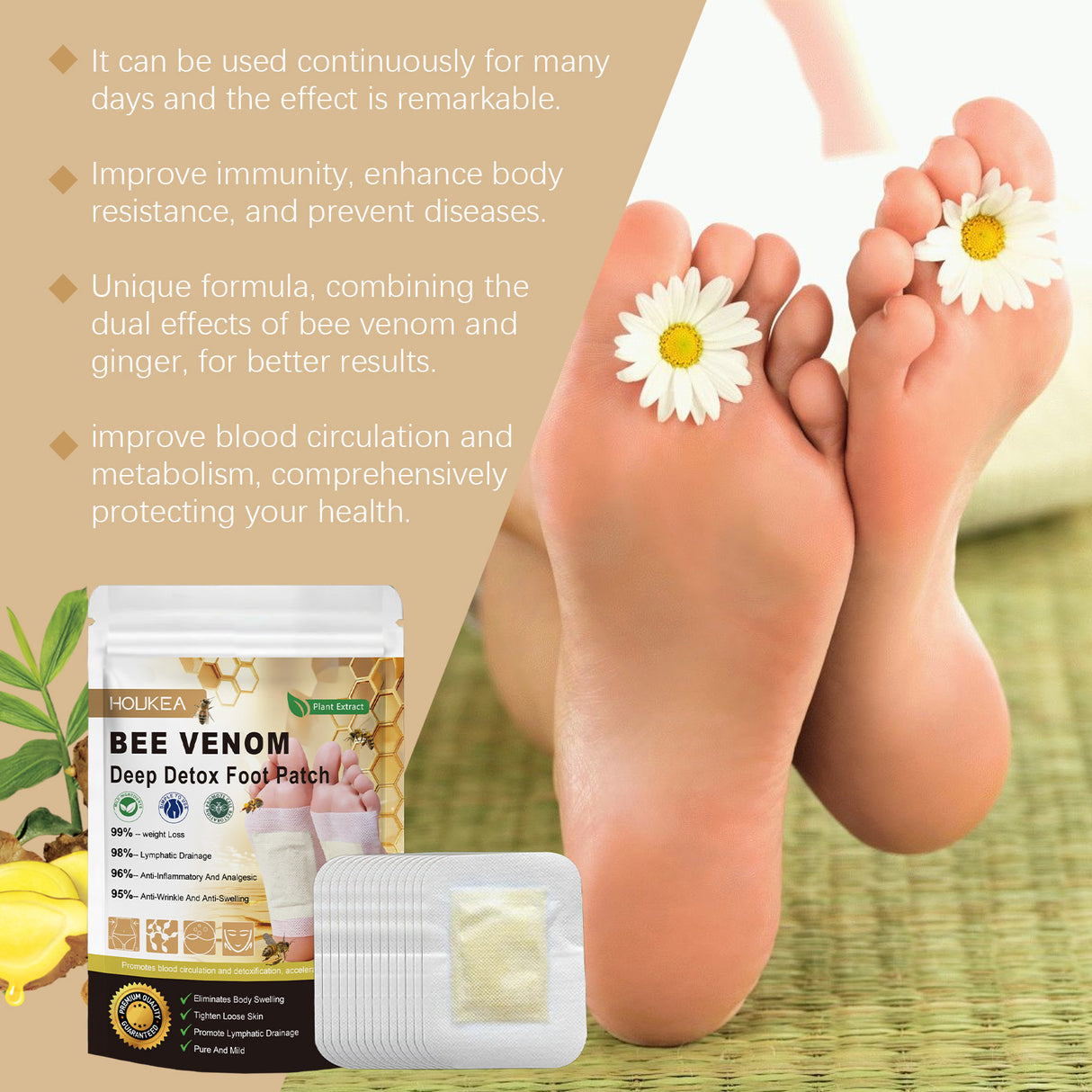 Bee Venom Herbal Cleansing Foot Patch With Ginger Essence Ingredients For Soothing Discomfort Sole Patch