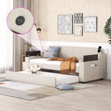 Twin Size Upholstery Daybed with Storage Arms  Trundle and USB Design Beige