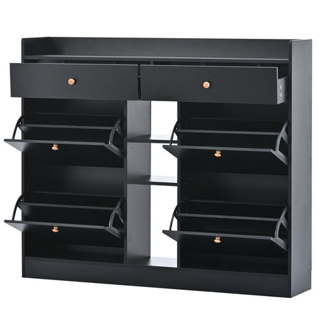 ONTREND modern shoe cabinet with 4 flipped drawers, multifunctional double-layer shoe storage with drawers, black. - V.I.P Digital Presence