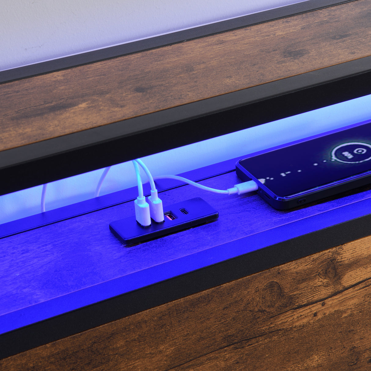 Full size bedstead with storage headboard and 2 drawers, LED light bed with charging station, metal Flat noodles support - V.I.P Digital Presence