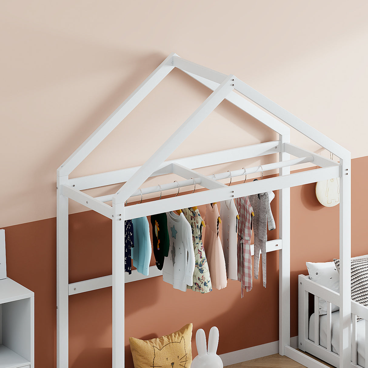 Wooden Full Size Children's Bed with Detachable Headboard and Integrated Clothes Drying Rack, White - V.I.P Digital Presence