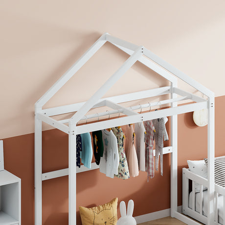 Wooden Full Size Children's Bed with Detachable Headboard and Integrated Clothes Drying Rack, White - V.I.P Digital Presence