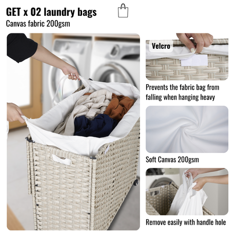 Laundry Hamper With Lid PE Rattan Powder Coating Frame Clothes Hampers with 02 Removable Bags, Wheels, 160L, Grey Color - V.I.P Digital Presence