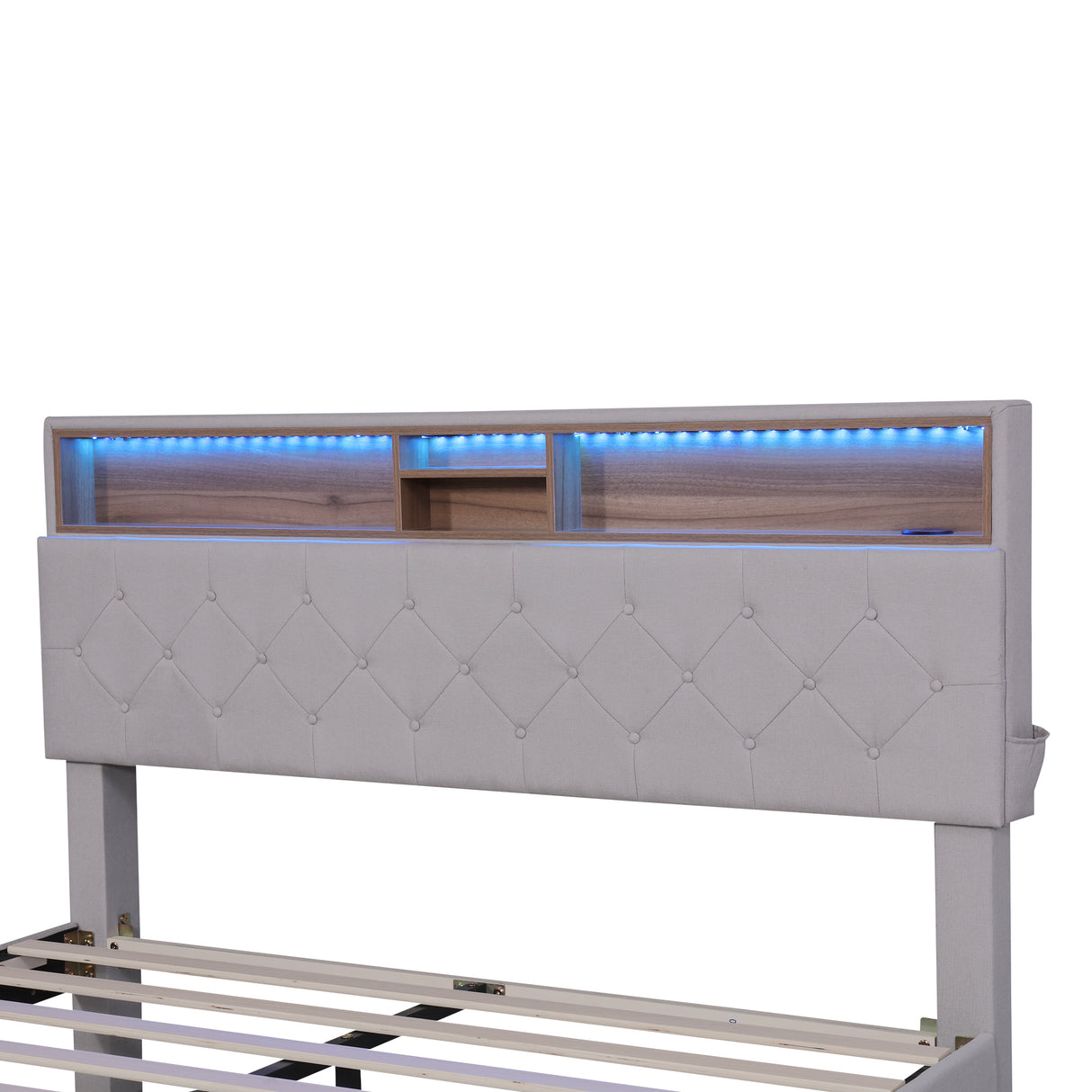 Queen Size Upholstered Platform Bed with Storage Headboard  LED  USB Charging and 2 Drawers  Beige
