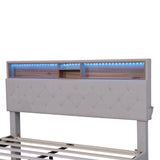 Queen Size Upholstered Platform Bed with Storage Headboard  LED  USB Charging and 2 Drawers  Beige