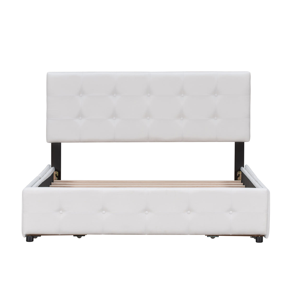 Upholstered Platform Bed with Classic Headboard and 4 Drawers No Box Spring Needed Linen Fabric Queen Size White - V.I.P Digital Presence
