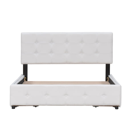 Upholstered Platform Bed with Classic Headboard and 4 Drawers No Box Spring Needed Linen Fabric Queen Size White - V.I.P Digital Presence