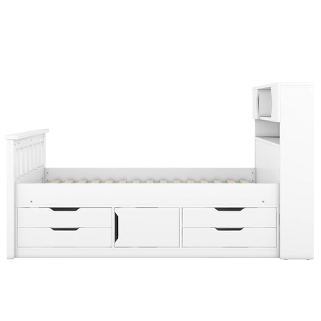 Twin Size Captain Platform Bed Frame with Storage Bookcases and Shelves,Four Drawers,White - V.I.P Digital Presence