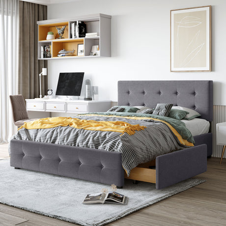 Upholstered Platform Bed with Classic Headboard and 4 Drawers No Box Spring Needed Linen Fabric Queen Size Dark gray - V.I.P Digital Presence