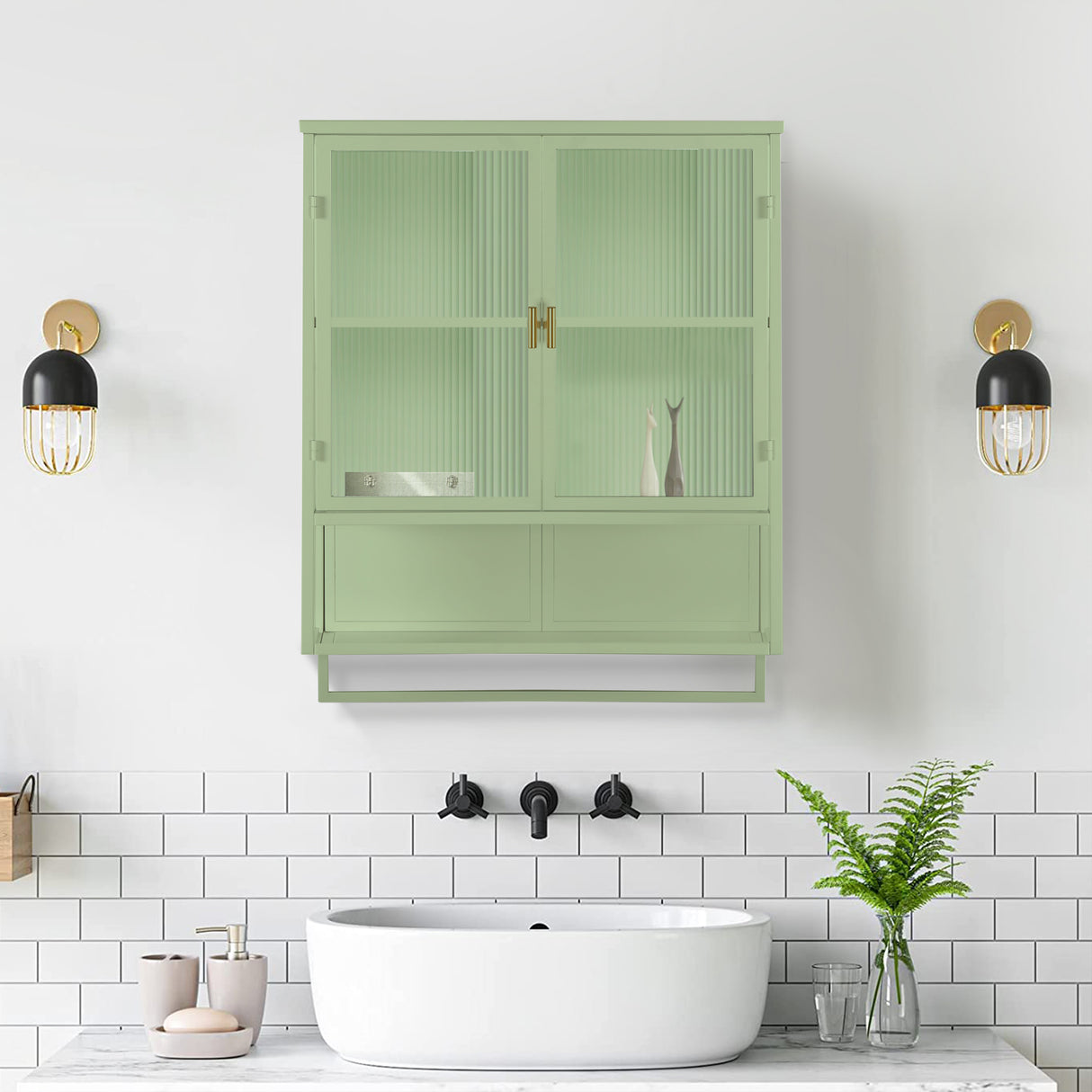 23.62"Glass Doors Modern Two-door Wall Cabinet with Featuring Two-tier Enclosed Storage Green