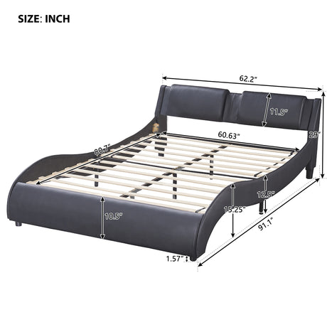 Queen Size Upholstered Faux Leather Platform Bed with LED Light Bed Frame with Slatted - Black - V.I.P Digital Presence