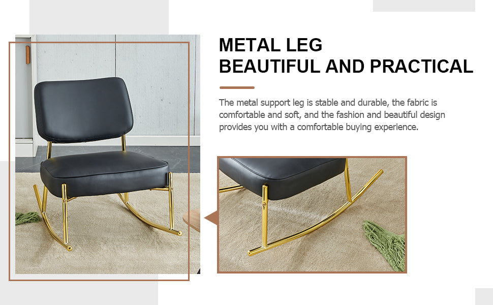 PU material cushioned rocking chair unique rocking chair cushioned seat black backrest rocking chair and gold metal legs