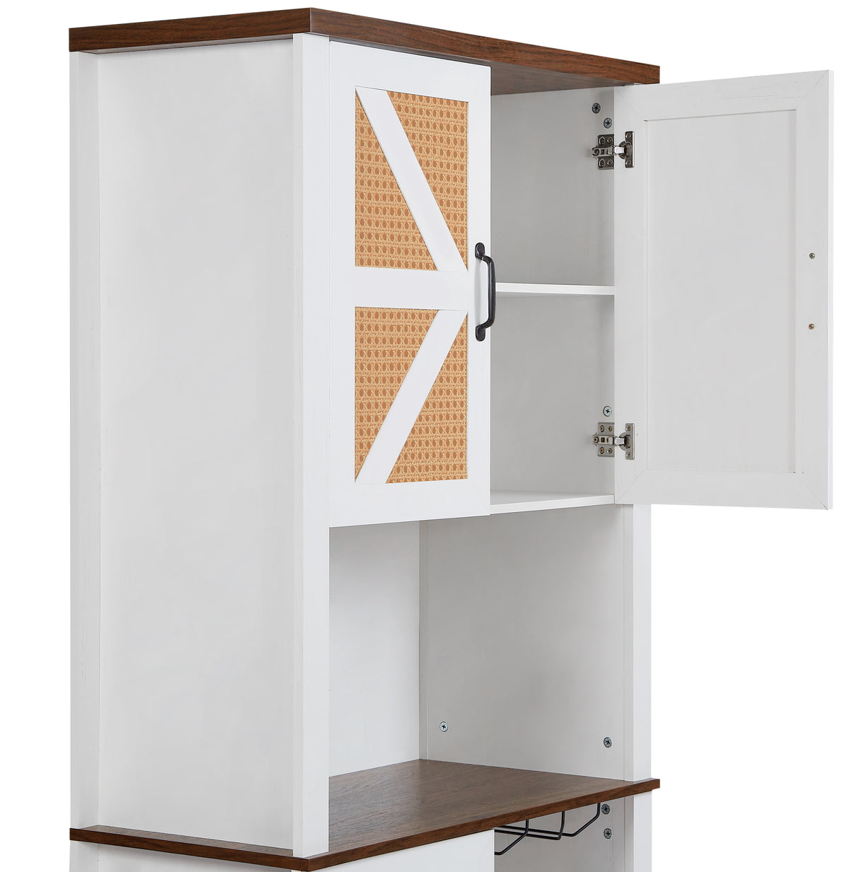 76 Inch Tall Farmhouse Kitchen Faux Rattan Wine Cabinet, Kitchen Bar Cabinet with Square Compartments and Shelves - V.I.P Digital Presence