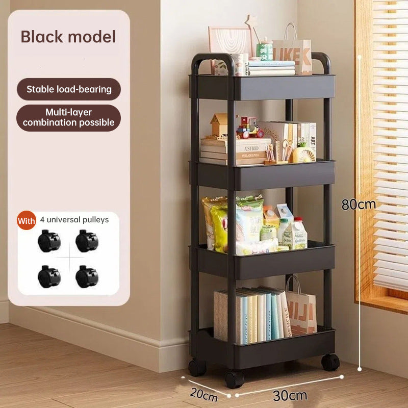 White rolling storage cart. Multifunctional, open shelves for books, ideal for kitchen & bedroom storage - V.I.P Digital Presence