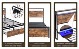 Large bed frame with storage headboard and 2 drawers, LED light bed, charging station, metal platform bed - V.I.P Digital Presence