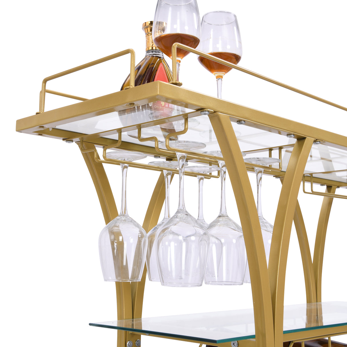 Golden Bar Cart with Wine Rack Tempered Glass Metal Frame Wine Storage - V.I.P Digital Presence