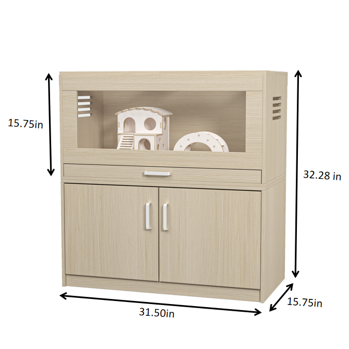 Squirrel cage acrylic panel with independent storage cabinet and wooden guinea pig room with bridge (L 31.50 x W 15.75 x H32.28) - V.I.P Digital Presence
