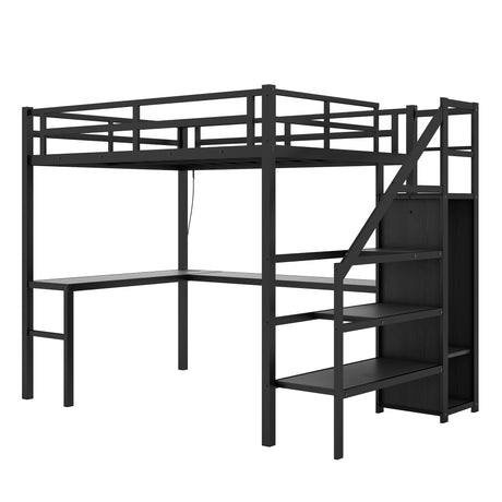 Full sized loft bed with L-shaped desk and USB, metal loft bed with wardrobe and adjustable shelf, black color - V.I.P Digital Presence