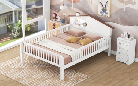 Full Size Wood Platform Bed with House-shaped Headboard, LED and Built-in Storage, White - V.I.P Digital Presence