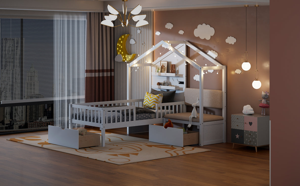 Twin Size House Bed with Upholstered Sofa, House Bed with Charging Station, Wireless Charging, Shelves and Two Drawers, White - V.I.P Digital Presence