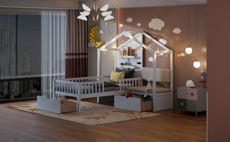 Twin Size House Bed with Upholstered Sofa, House Bed with Charging Station, Wireless Charging, Shelves and Two Drawers, White - V.I.P Digital Presence