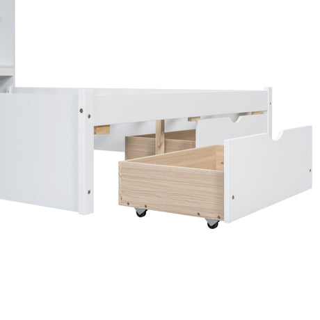 Full Size Platform Bed with Storage Headboard and 2 Drawers, White - V.I.P Digital Presence