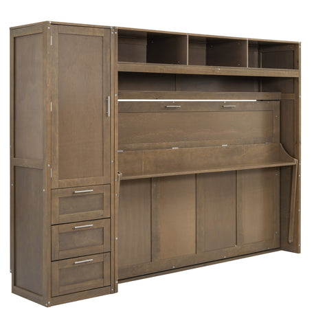 Full Size Murphy Bed with Wardrobe, Drawers and Open Shelves, Antique Grey - V.I.P Digital Presence
