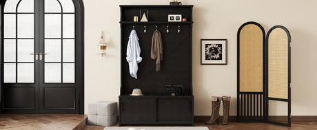Hall tree with roof rack and storage platform, corridor shoe cabinet with sliding door, clothes hanger with 5 hooks black - V.I.P Digital Presence